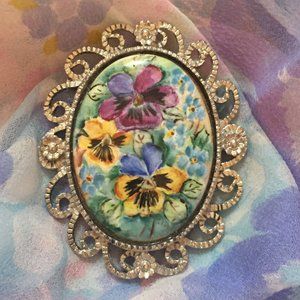 Large Vintage Floral Porcelain Cameo Brooch